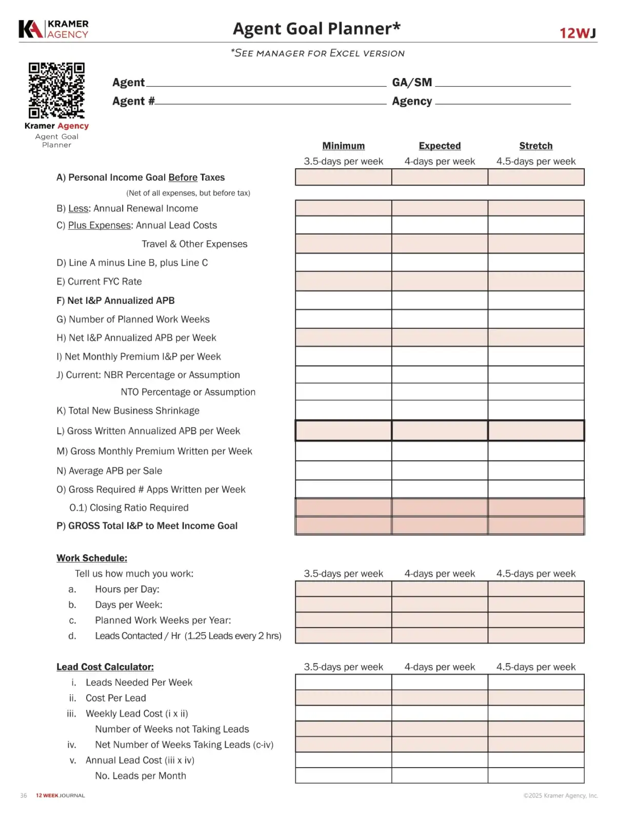 Agent goal planner template with sections for personal, income, expenses, and work schedule.