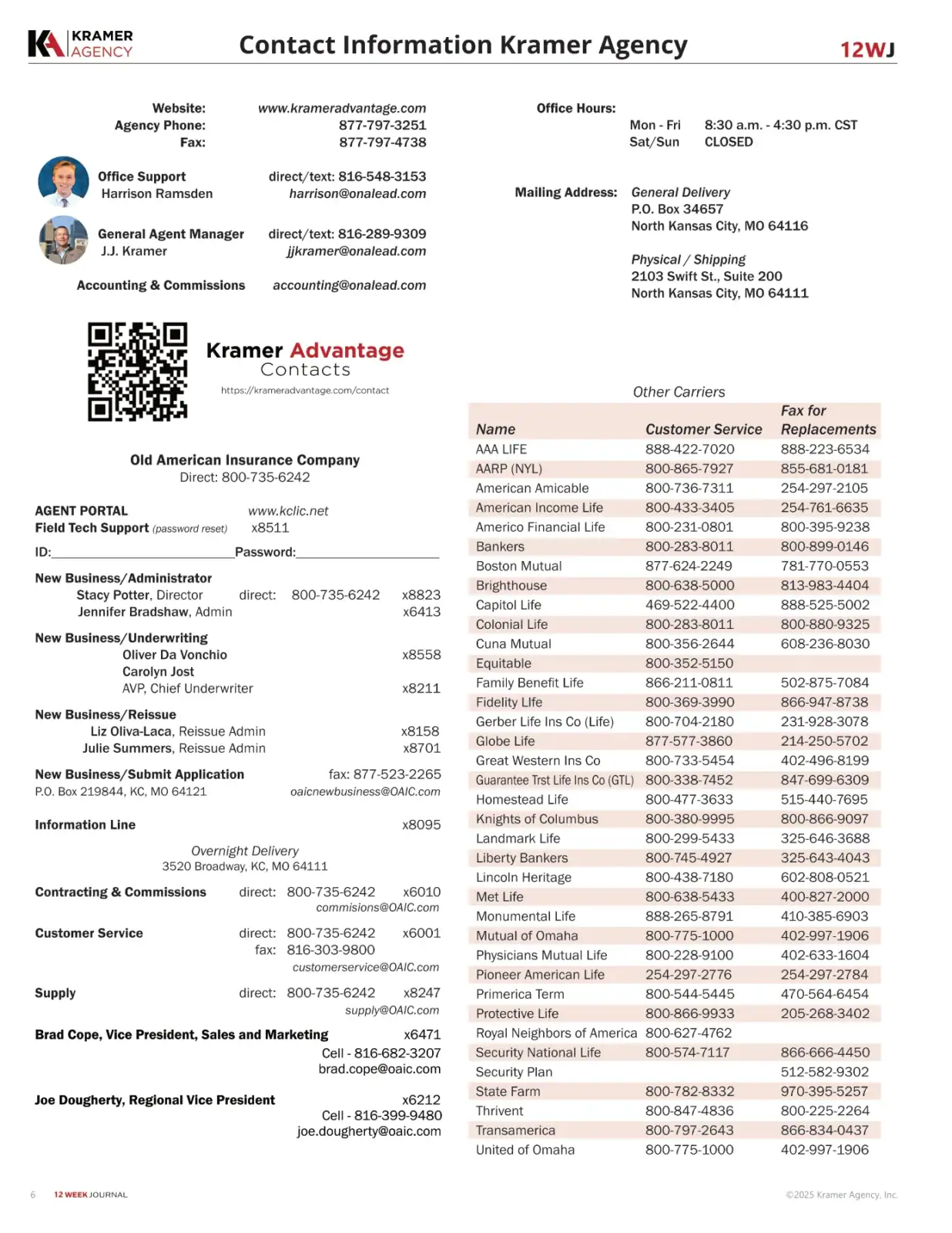 Contact information sheet for Kramer Agency with various contact details and office hours.