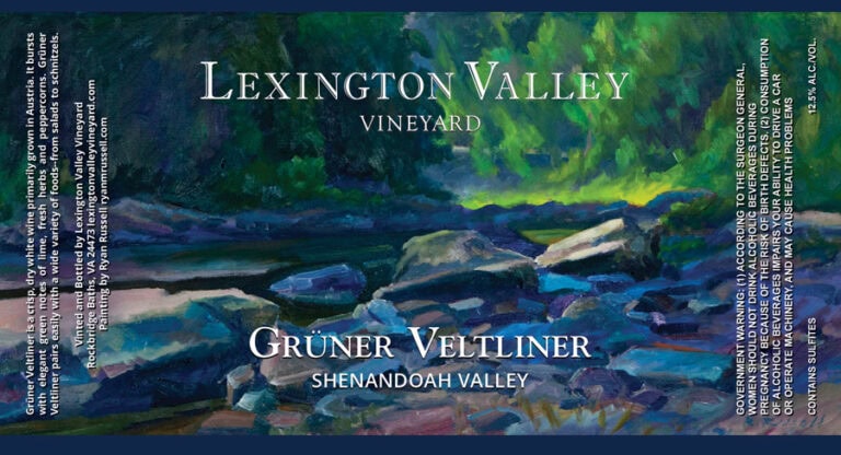 Vineyard label design for Lexington Valley and Shenandoah Valley, artistic landscape illustration, premium branding for wine marketing.