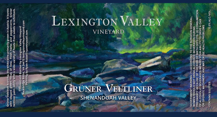 Vineyard label design for Lexington Valley and Shenandoah Valley, artistic landscape illustration, premium branding for wine marketing.