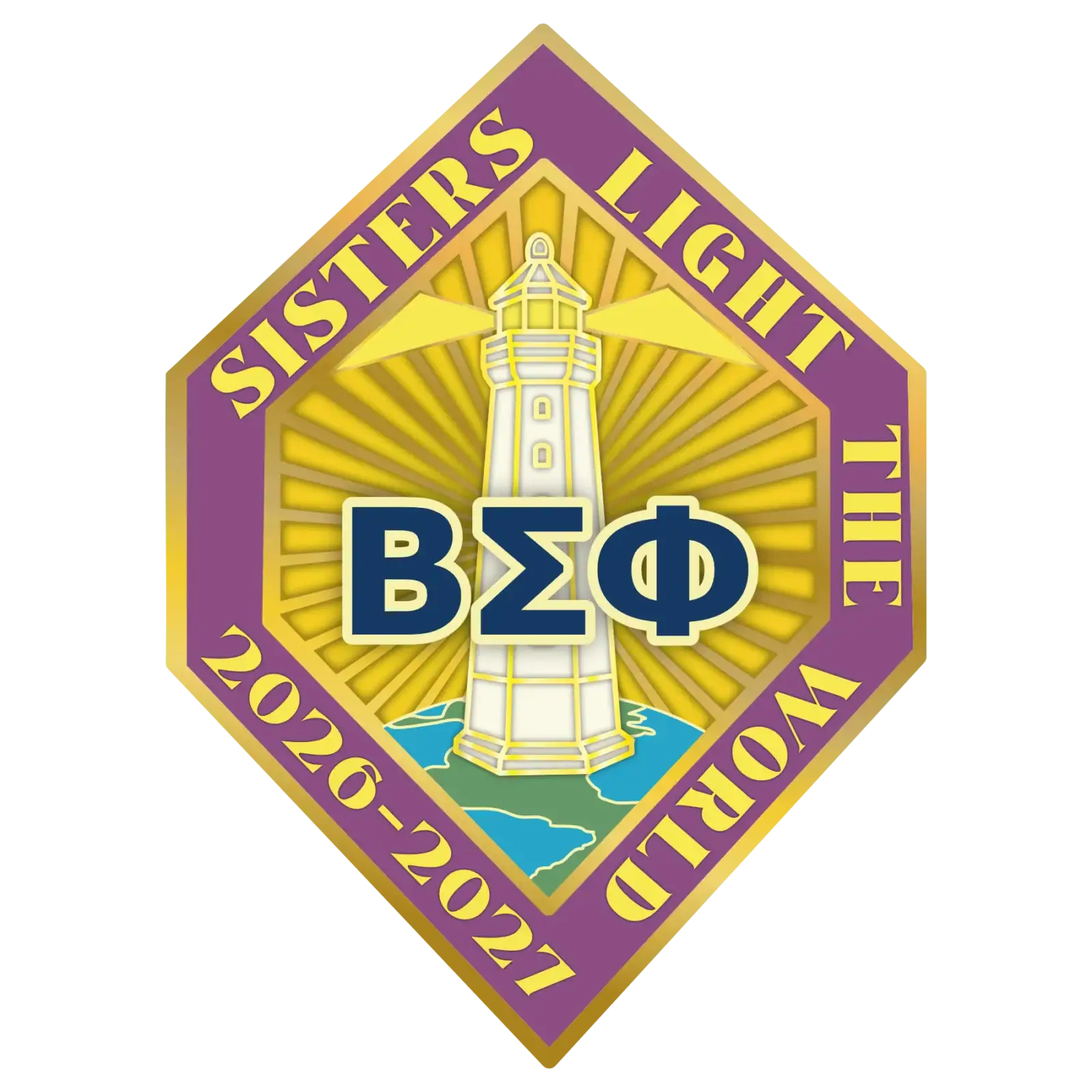 Bright emblem featuring a lighthouse with radiant beams, Greek letters, and a purple and gold border.