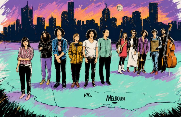 Musicians standing outdoors with Melbourne skyline in the background at dusk.