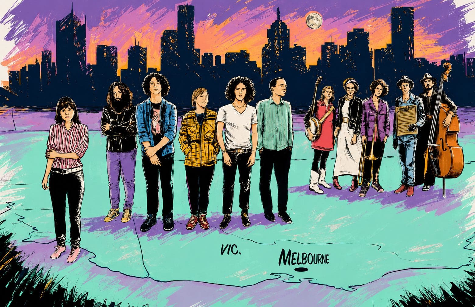 Musicians standing outdoors with Melbourne skyline in the background at dusk.