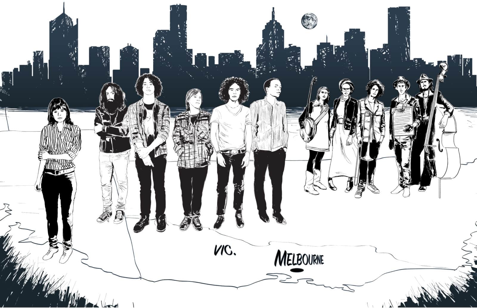 Group of young adults with musical instruments against a cityscape backdrop.