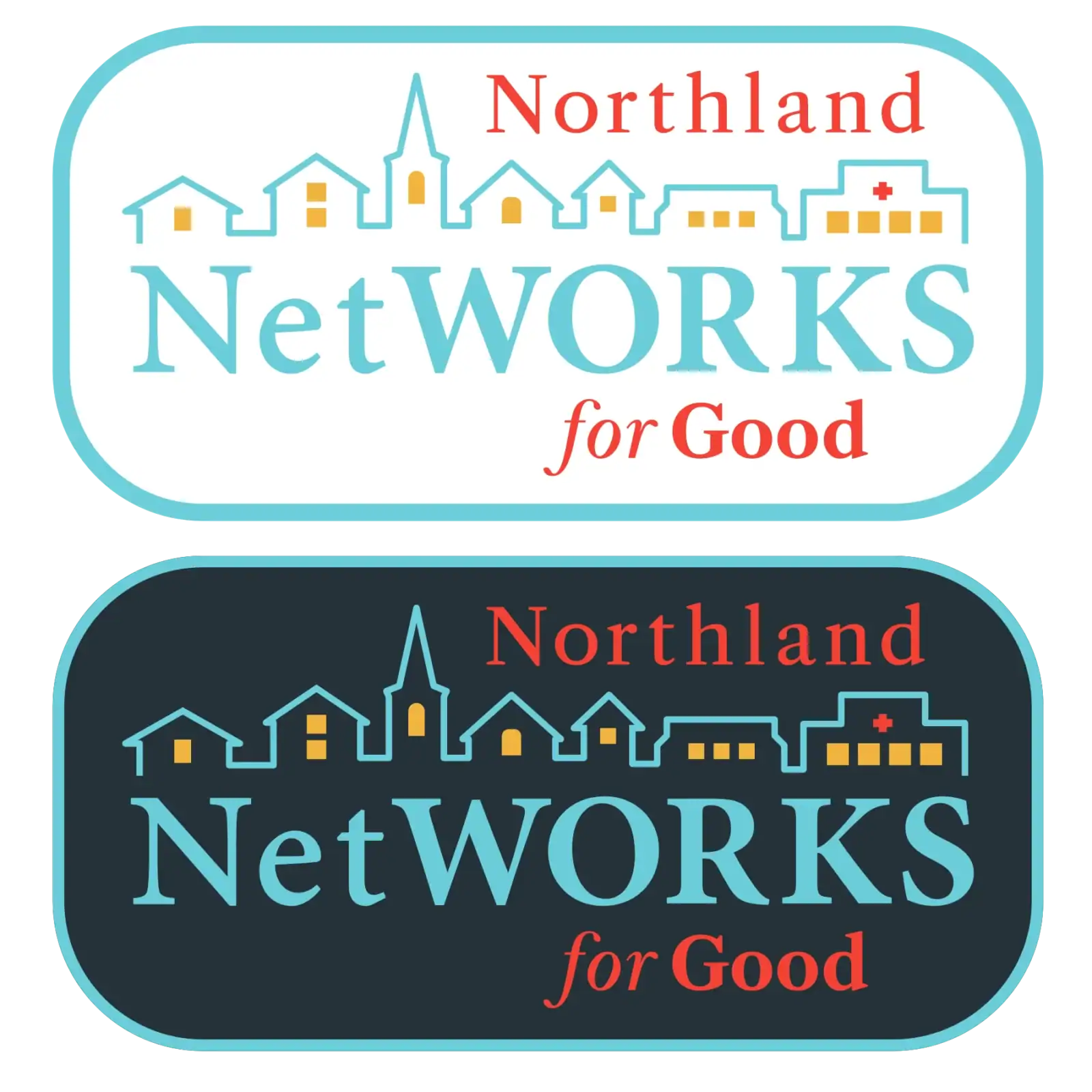 Affordable community network logo with house icons and a church steeple, emphasizing connectivity an.