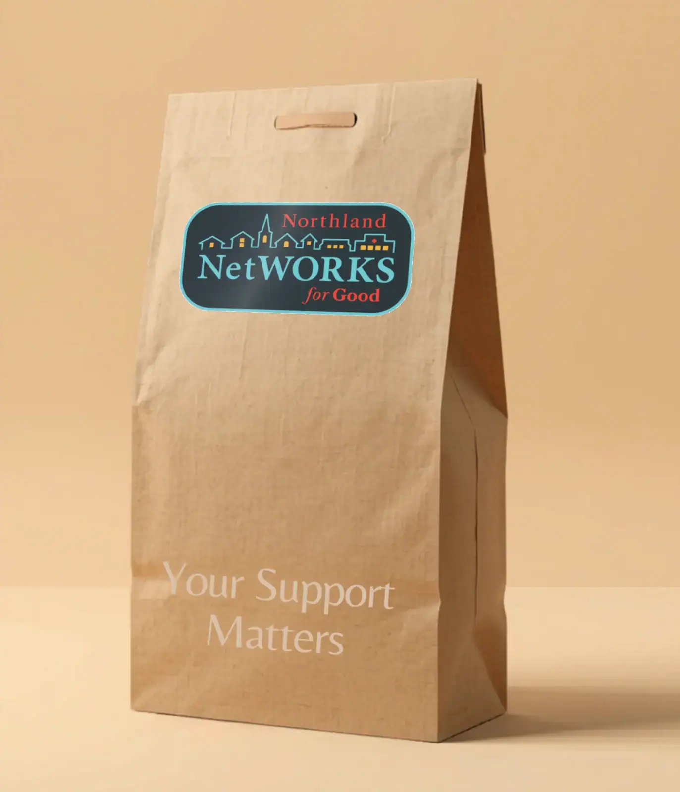 Supportive community outreach bag with logo and slogan.