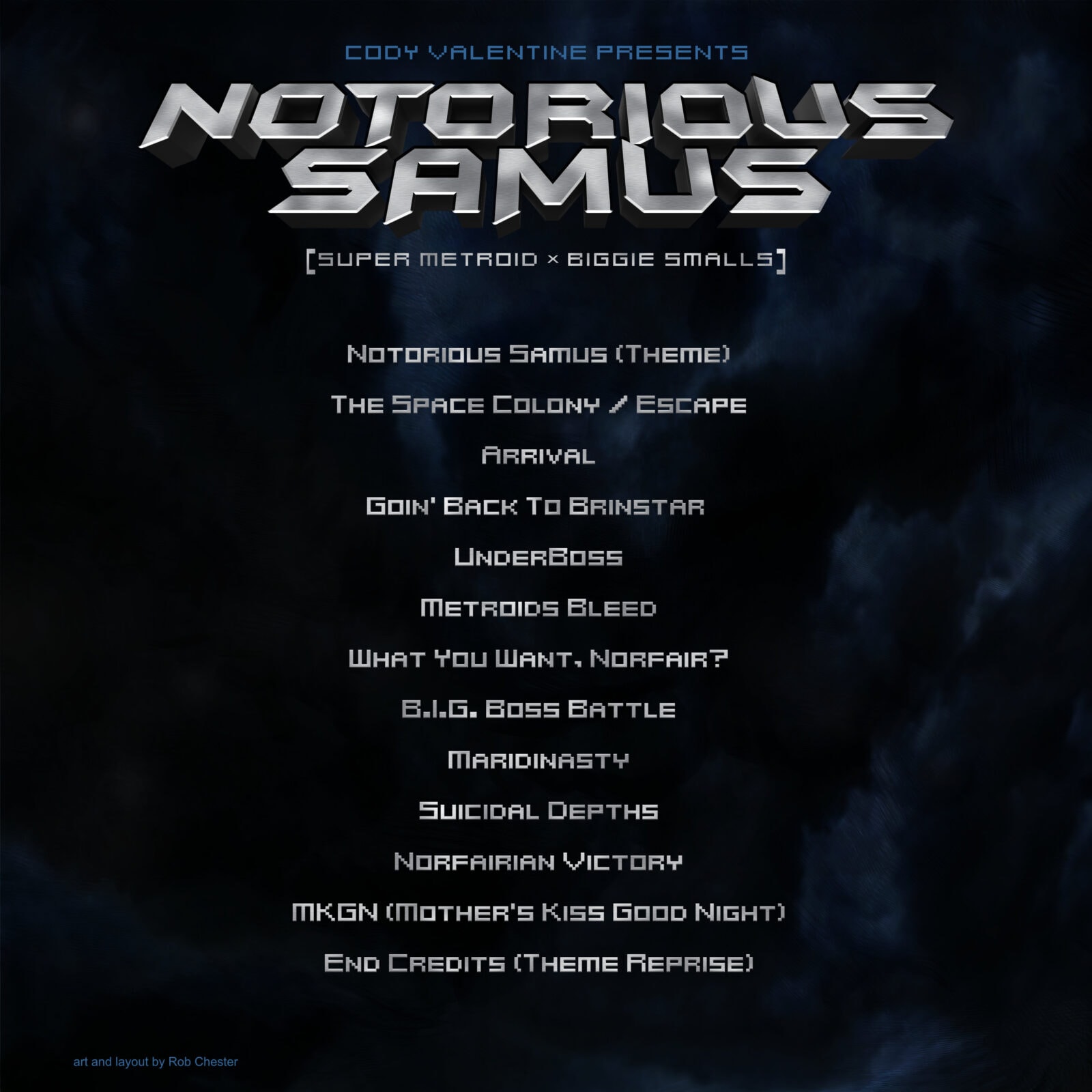 Graphic design of album cover with bold typography and dark cosmic background.