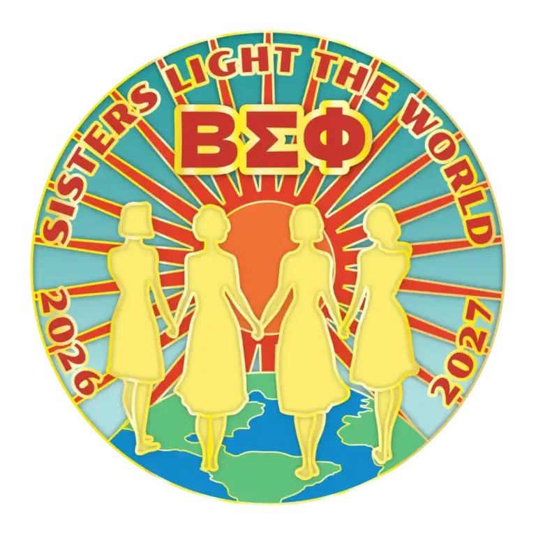 Bright circular logo featuring four stylized female figures holding hands, with radiant sunburst bac.