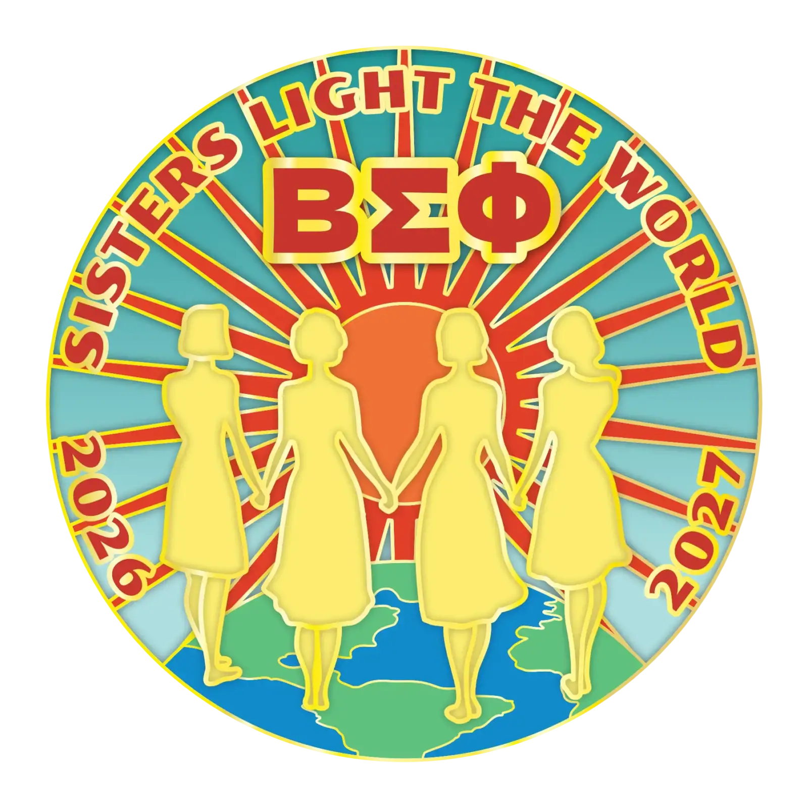 Bright circular logo featuring four stylized female figures holding hands, with radiant sunburst bac.