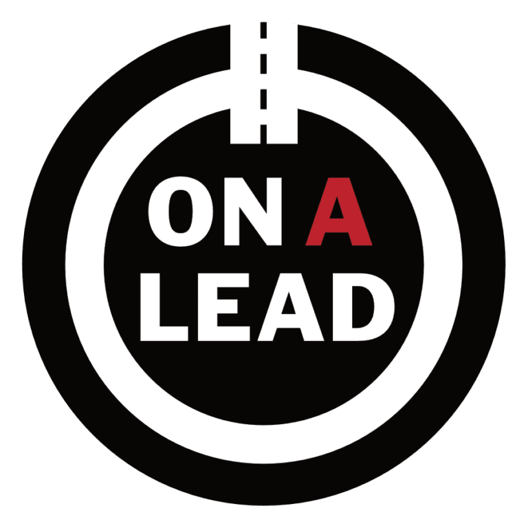 Circular graphic emphasizing "On A Lead" with contrasting colors.