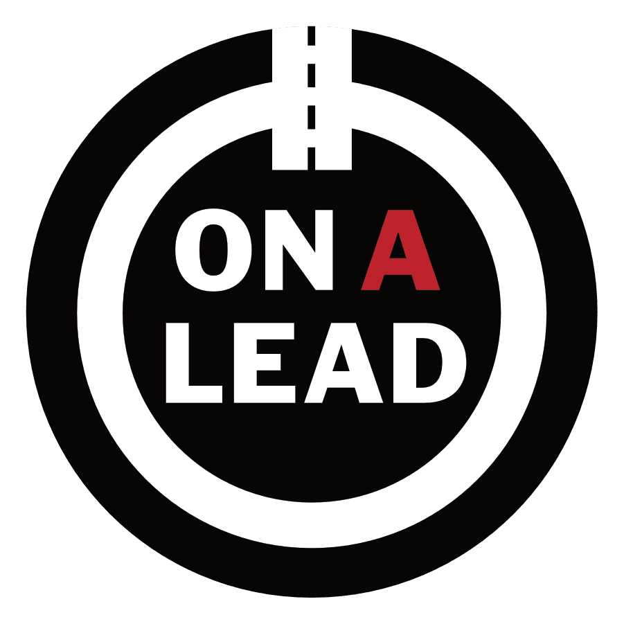 Circular graphic emphasizing "On A Lead" with contrasting colors.