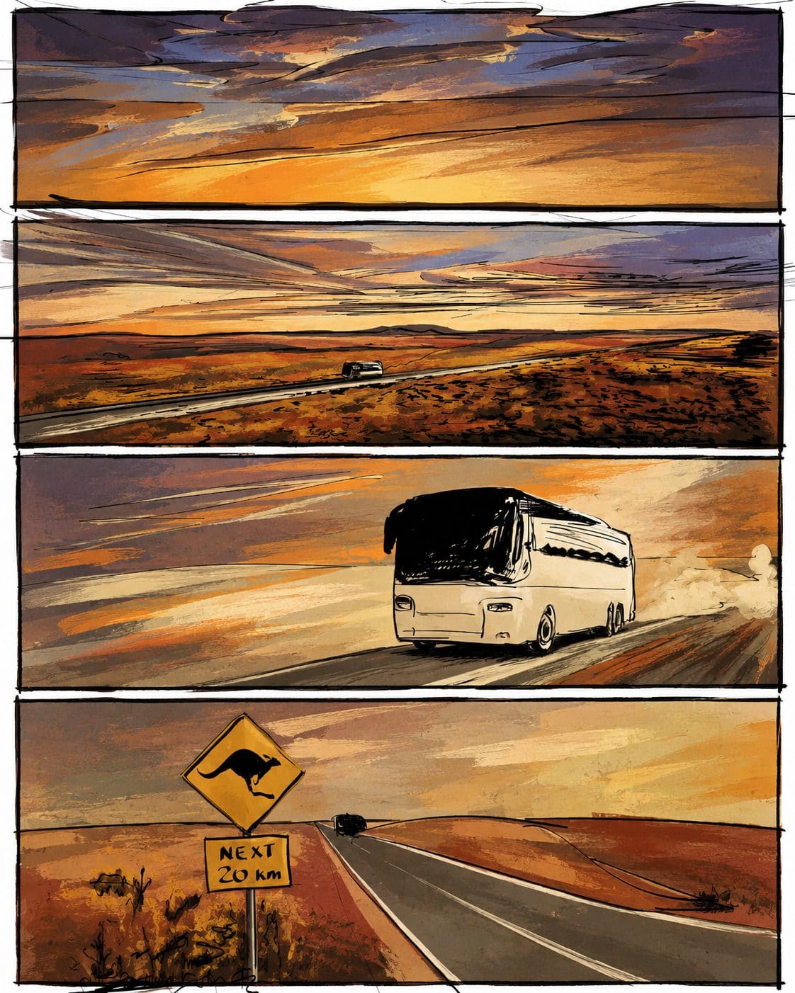 Bus traveling on a rural road at sunset with kangaroo crossing sign.