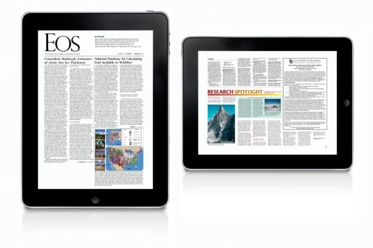 Digital newspaper display on tablet screens, modern news media design, professional print layout, and multimedia content.