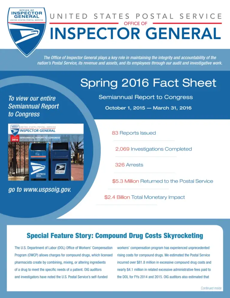 1. Government agency infographic with USPS logo, data points, and public report layout.