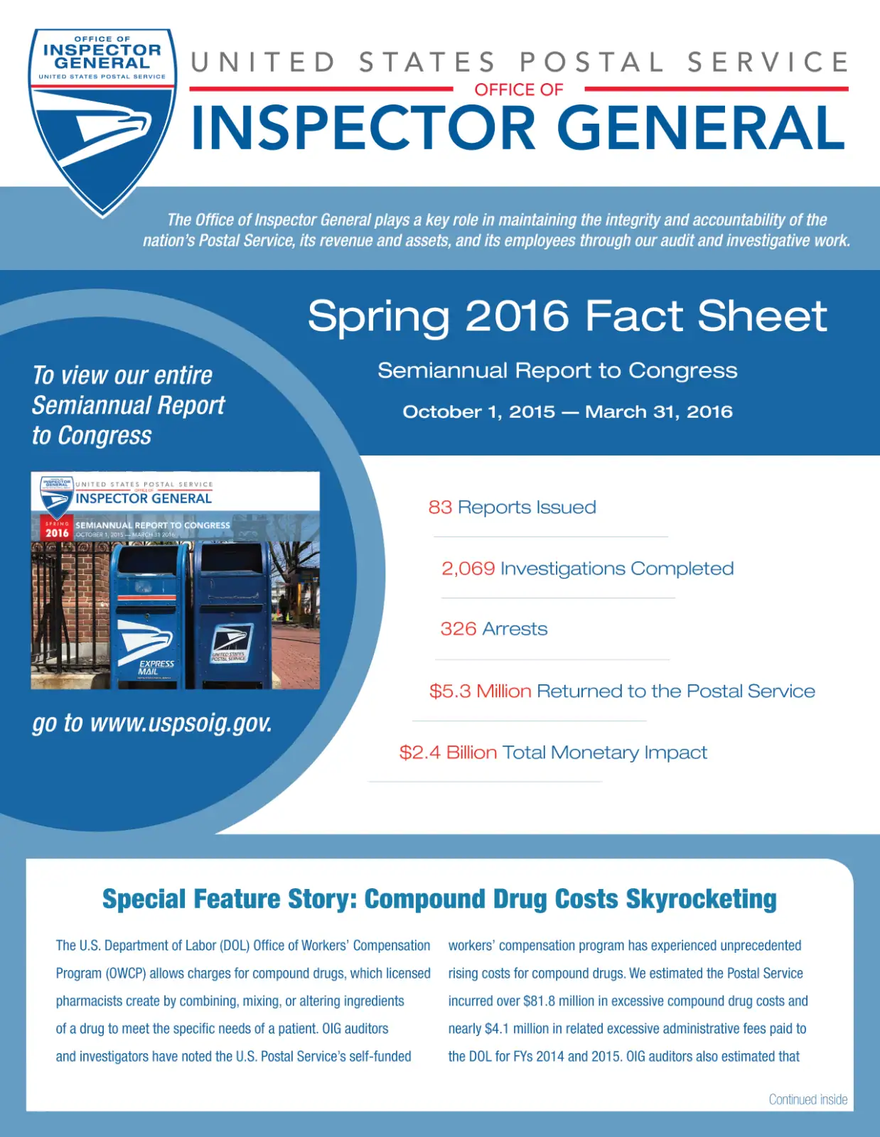1. Government agency infographic with USPS logo, data points, and public report layout.