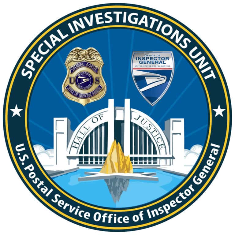 Official logo of the U.S. Postal Inspection Service featuring badges and monument design.