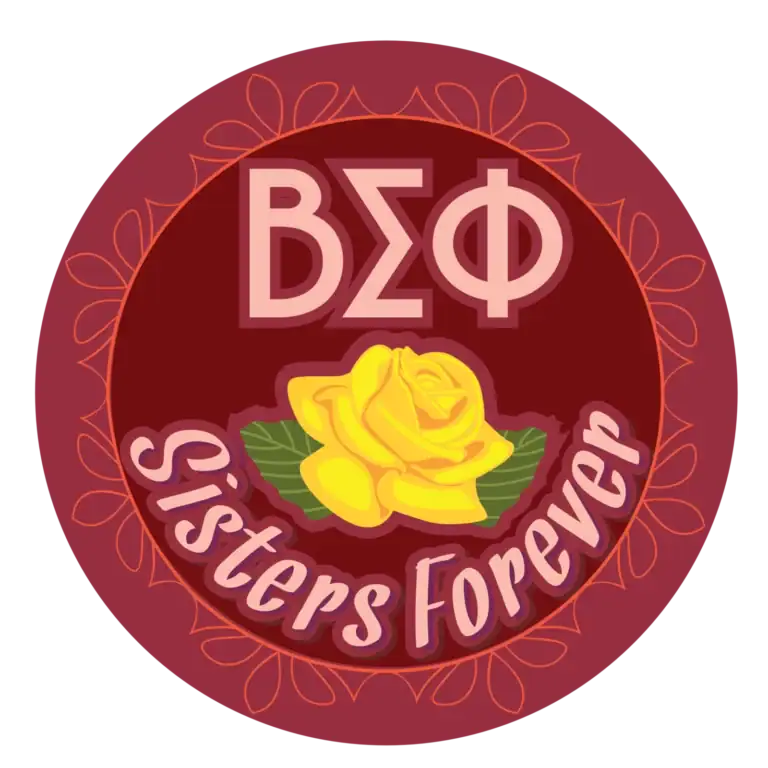 Vintage sorority emblem featuring a yellow rose, Greek letters, and decorative floral border design.