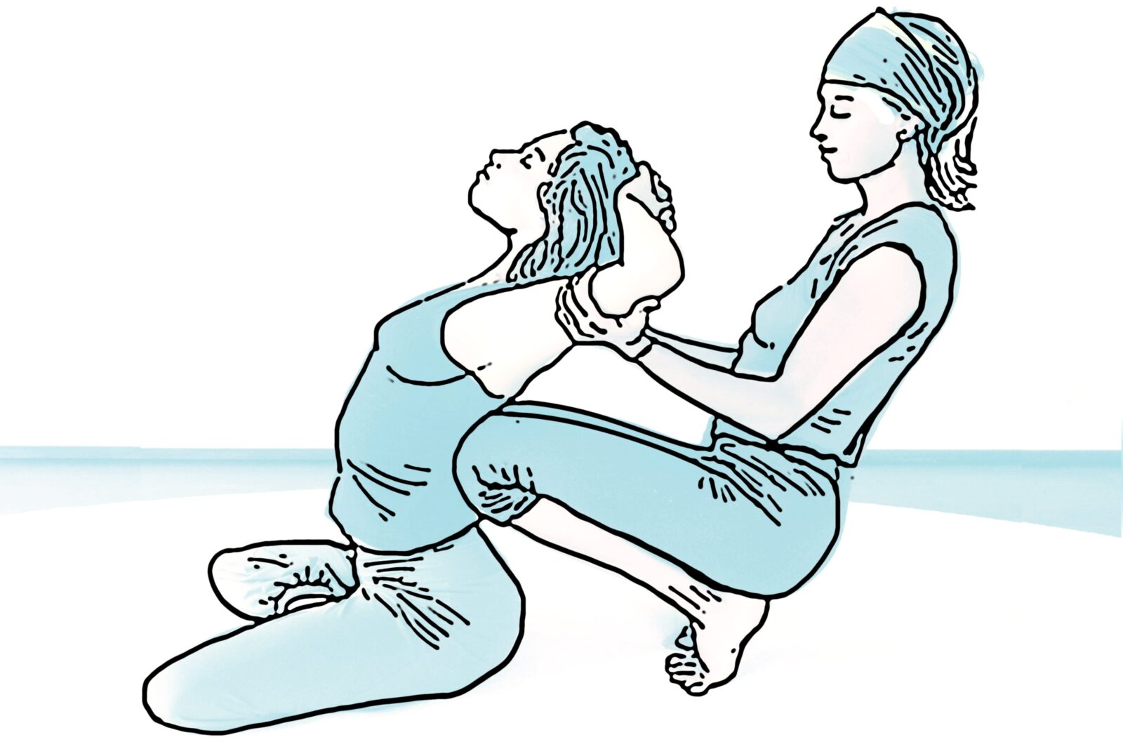 Illustration of two women performing a partner yoga pose, symbolizing collaboration and strength.