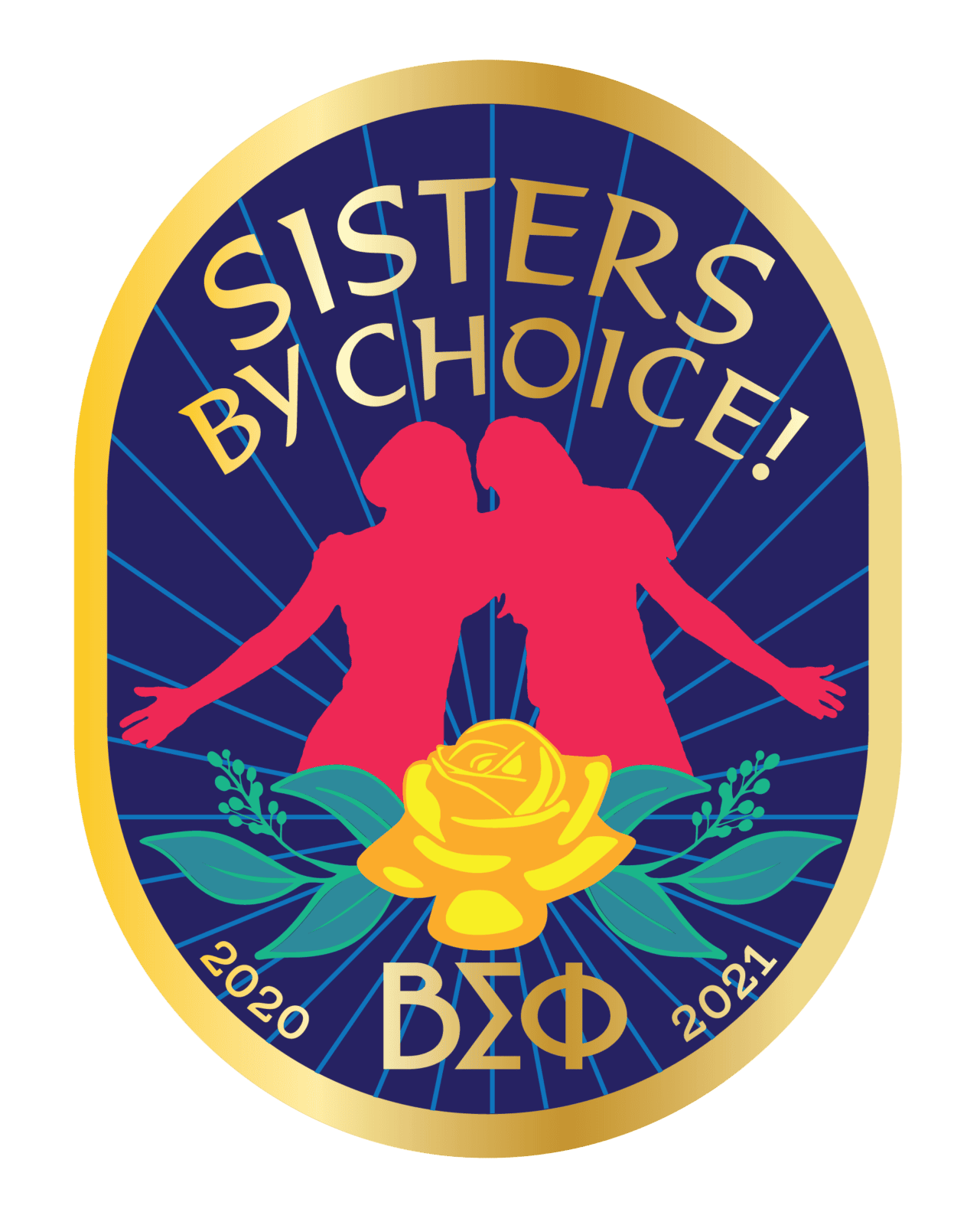 Sisters by Choice badge featuring two silhouettes and a yellow rose.
