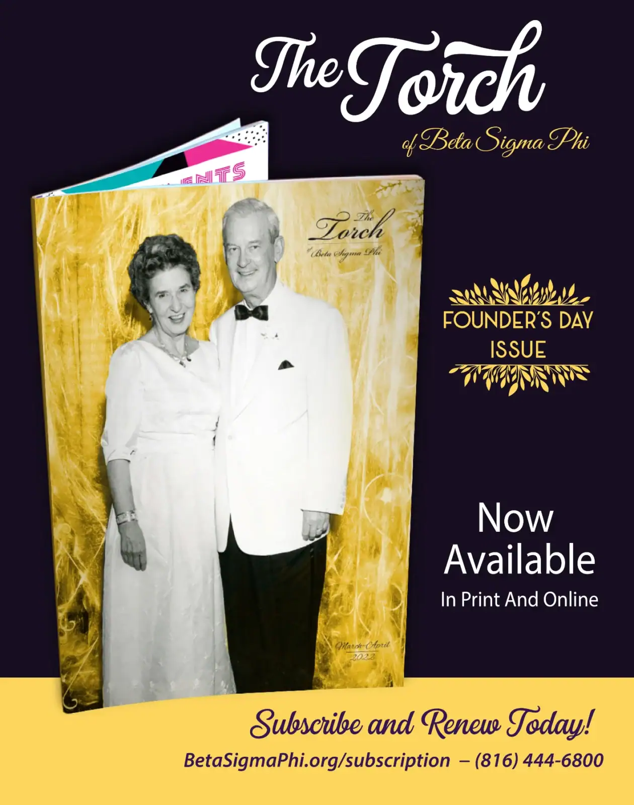 Vintage photo of a smiling couple in formal attire on a publication cover for a sorority newsletter.