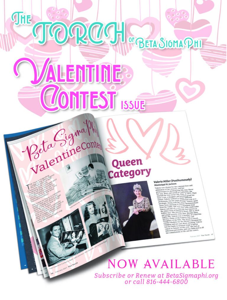 Valentine contest magazine page with sorority-themed graphics and photos.