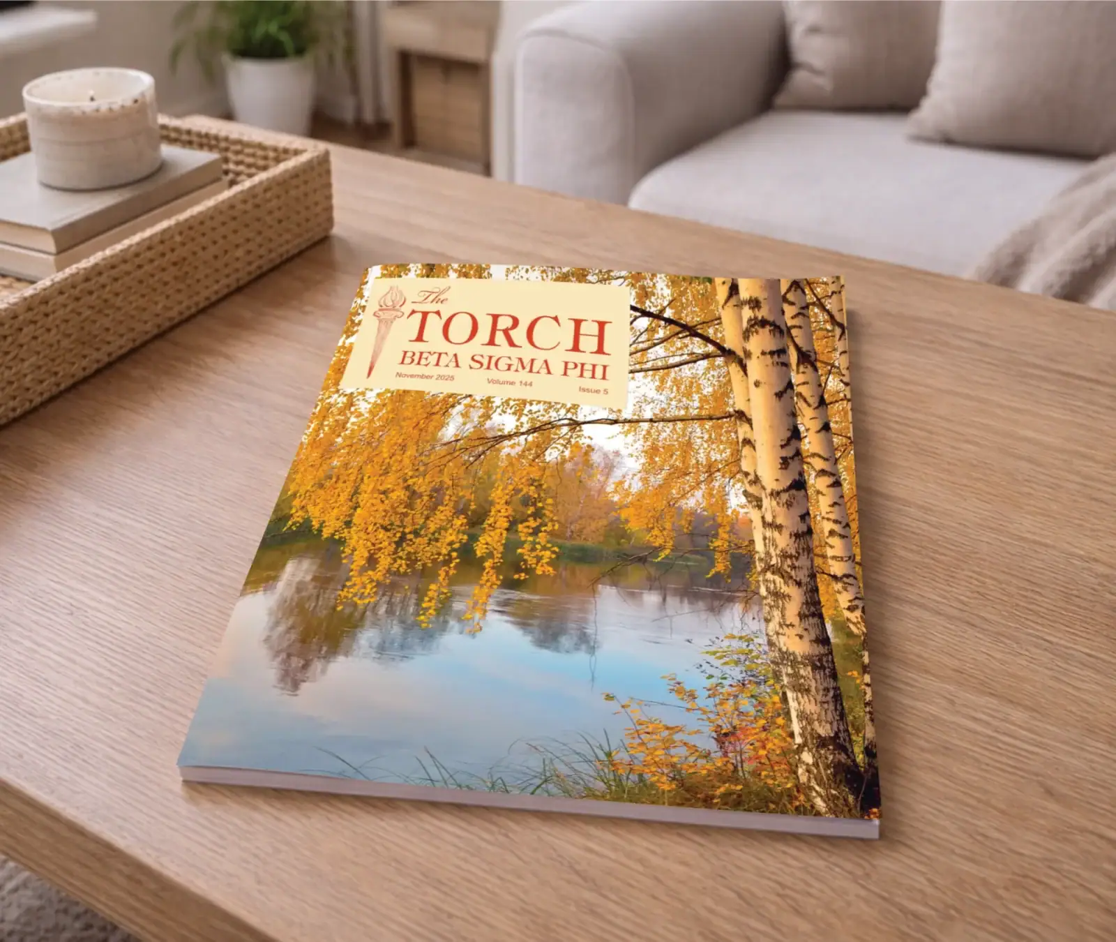 Autumn landscape magazine cover with trees and water, designed with clean layout and natural imagery.