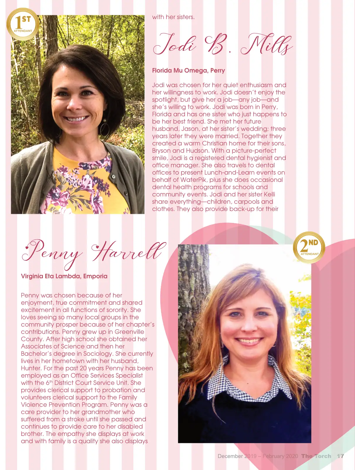 Portrait of two smiling women in a professional graphic design style, with decorative pink and white.