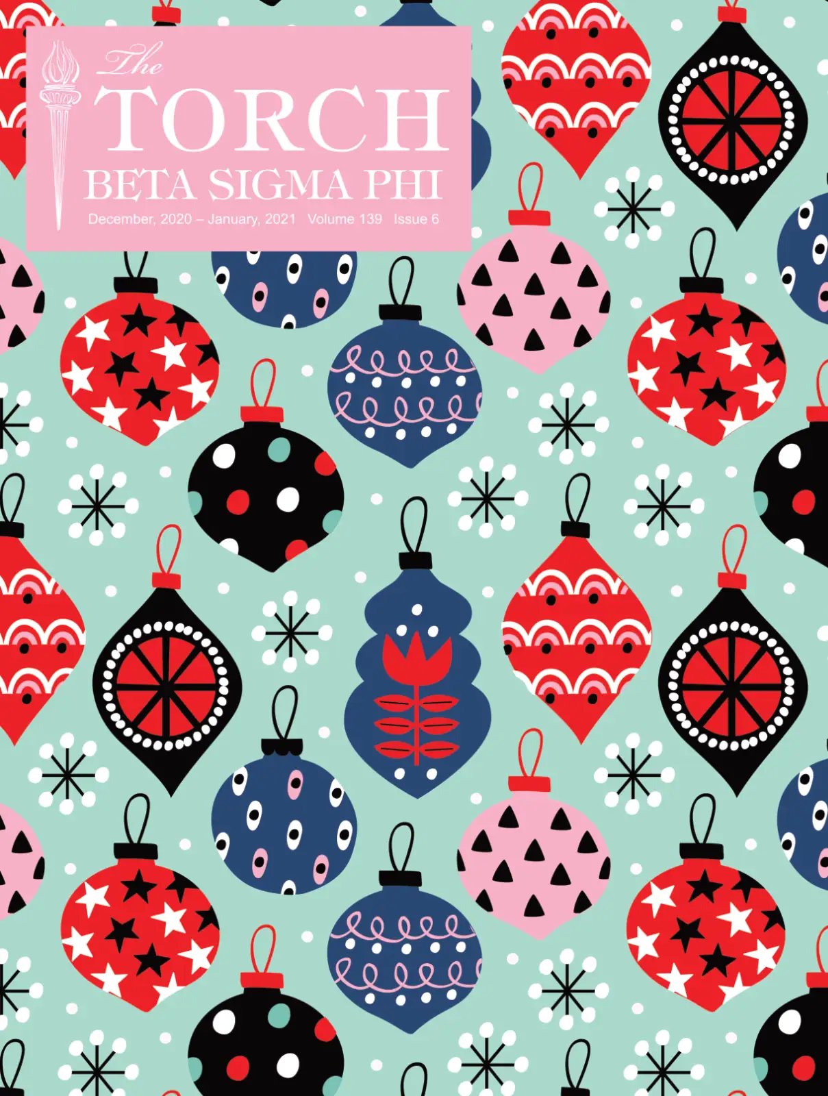 Festive Christmas ornament pattern with colorful baubles and snowflakes for holiday design.