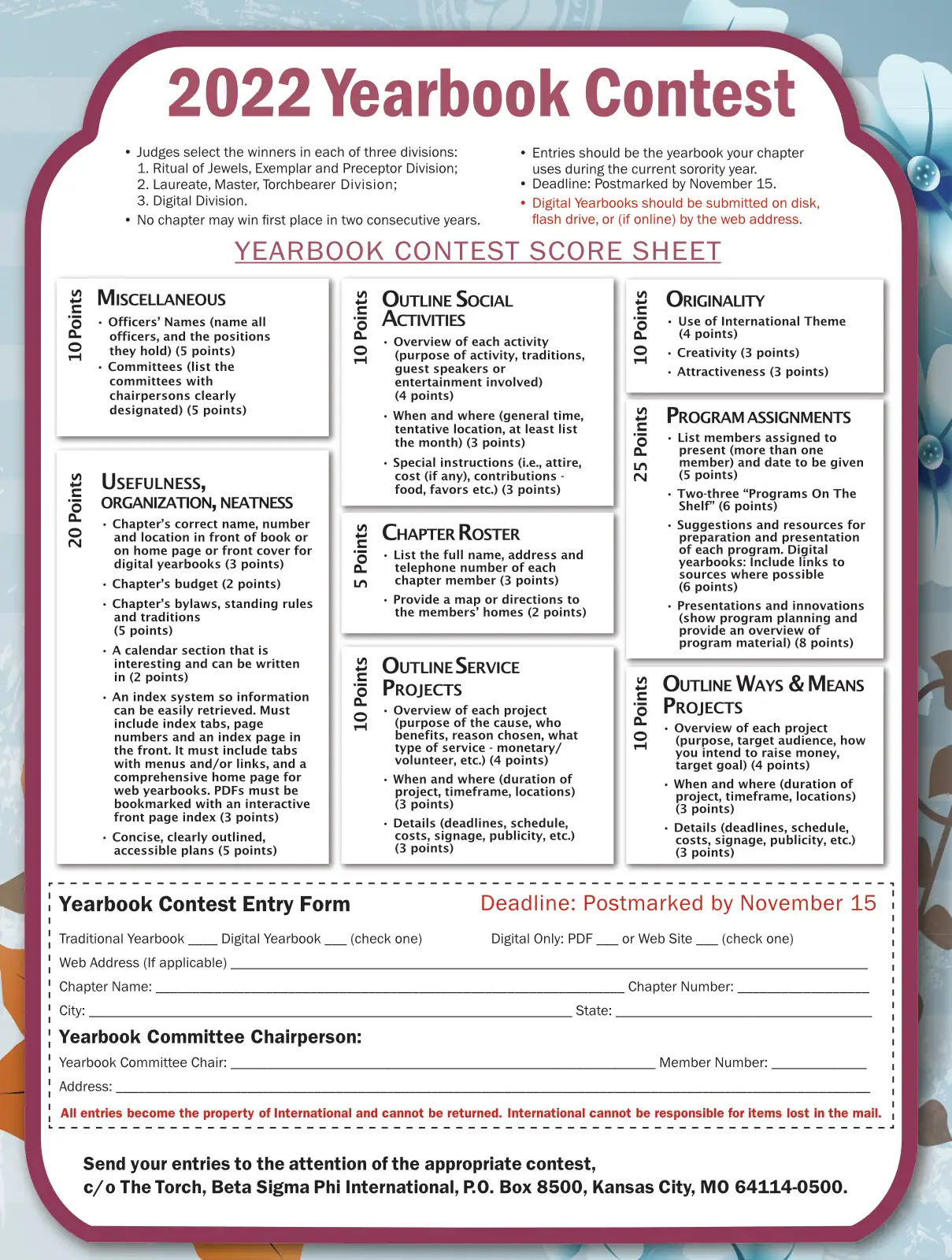 Yearbook contest score sheet with categories and scoring details for design evaluation.