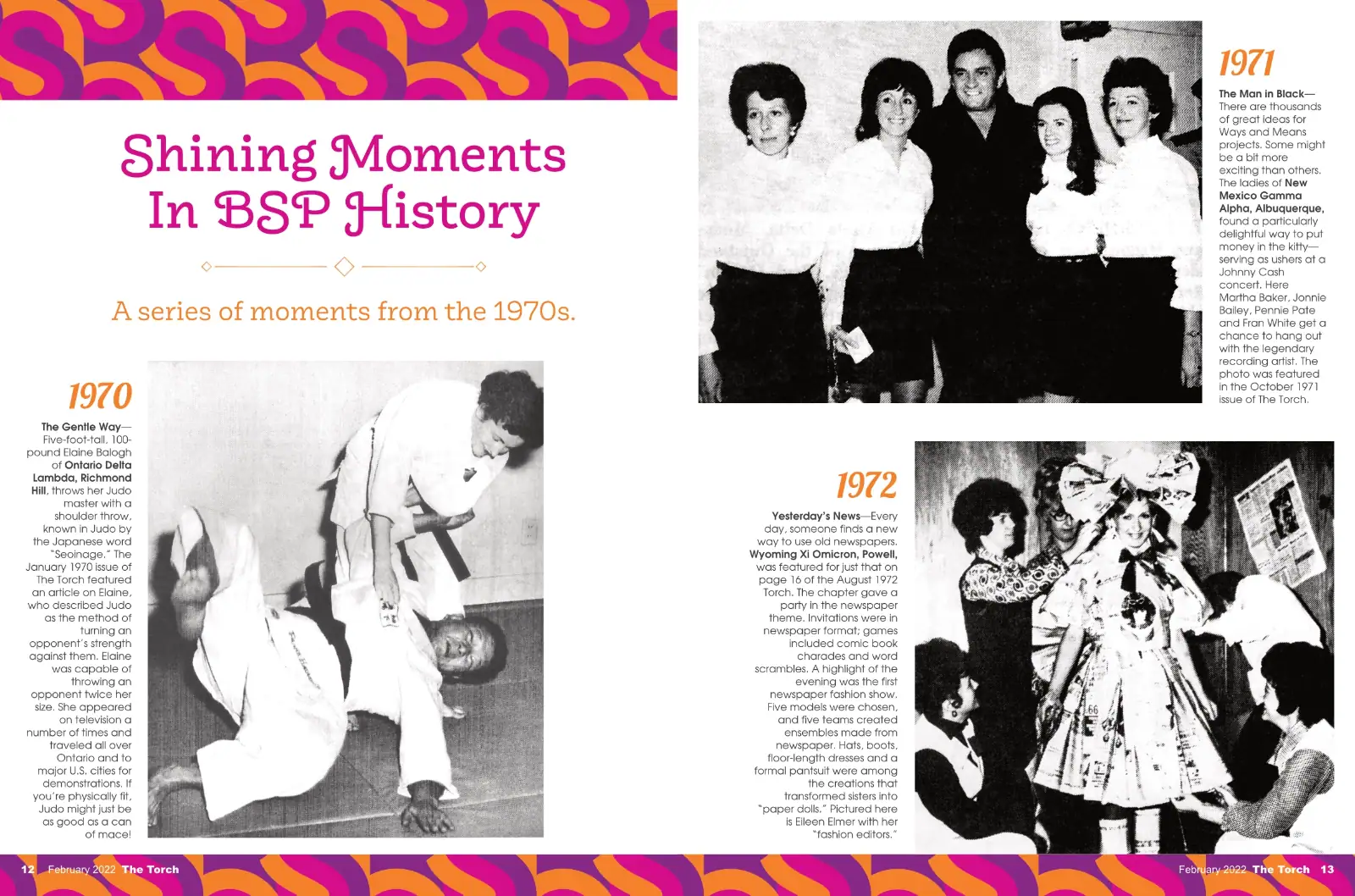 Black and white collage of historical moments from the 1970s, featuring group photos and candid shot.