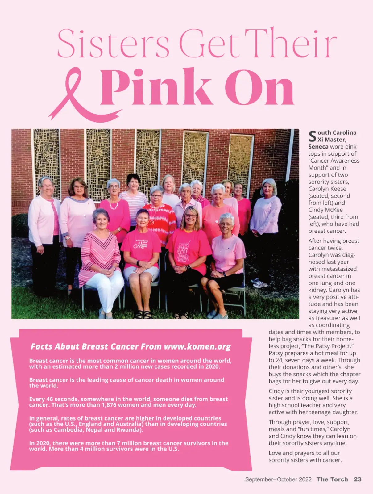 Group of women wearing pink shirts for breast cancer awareness event outdoors.