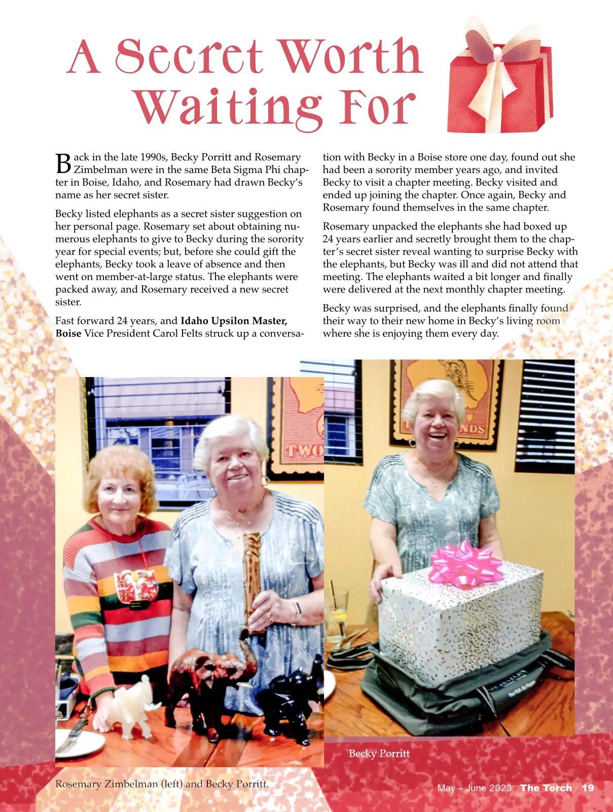 Group of elderly women with gifts, celebrating a special occasion in a community setting.