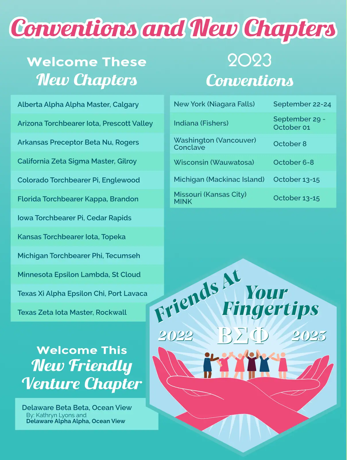 Colorful graphic with chapter list and event dates for Torch Issue.