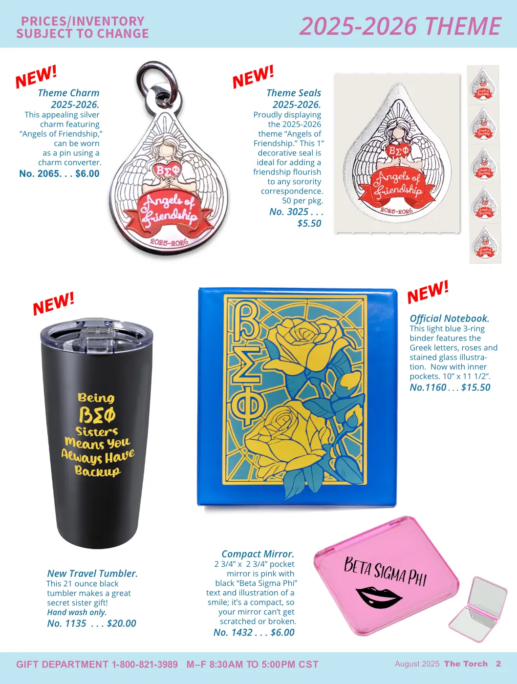 Catalog design showcasing a range of gifts and sorority supplies for a women's organization.