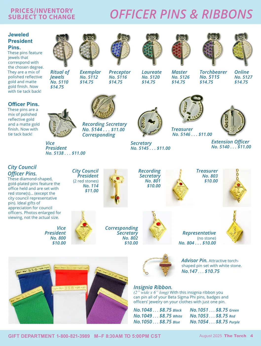 Catalog design showcasing a range of gifts and sorority supplies for a women's organization.