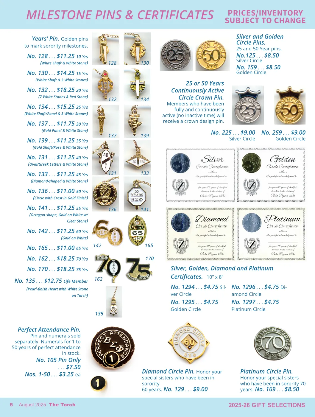 Catalog design showcasing a range of gifts and sorority supplies for a women's organization.