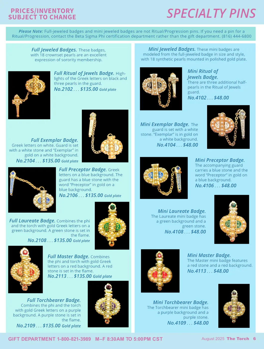 Catalog design showcasing a range of gifts and sorority supplies for a women's organization.