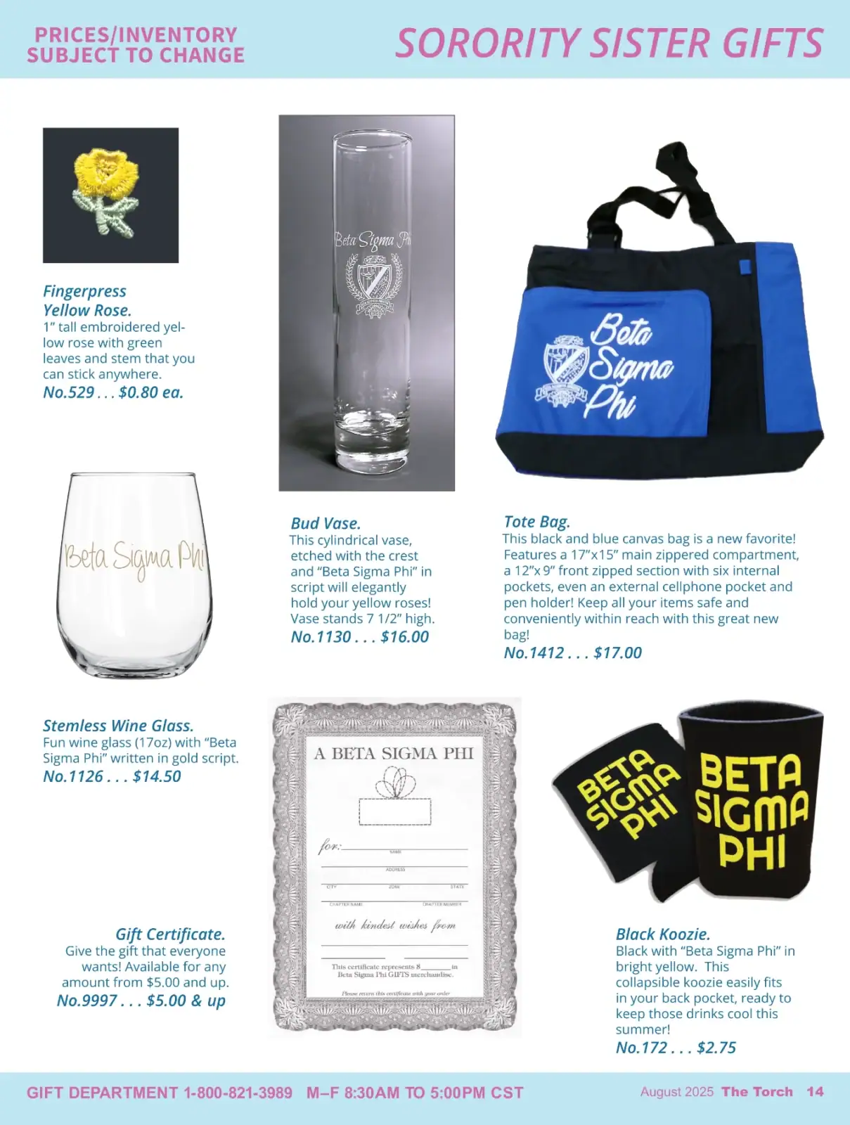 Collection of sorority sister gifts including a flower pin, glass, vase, tote bag, and black koozie.