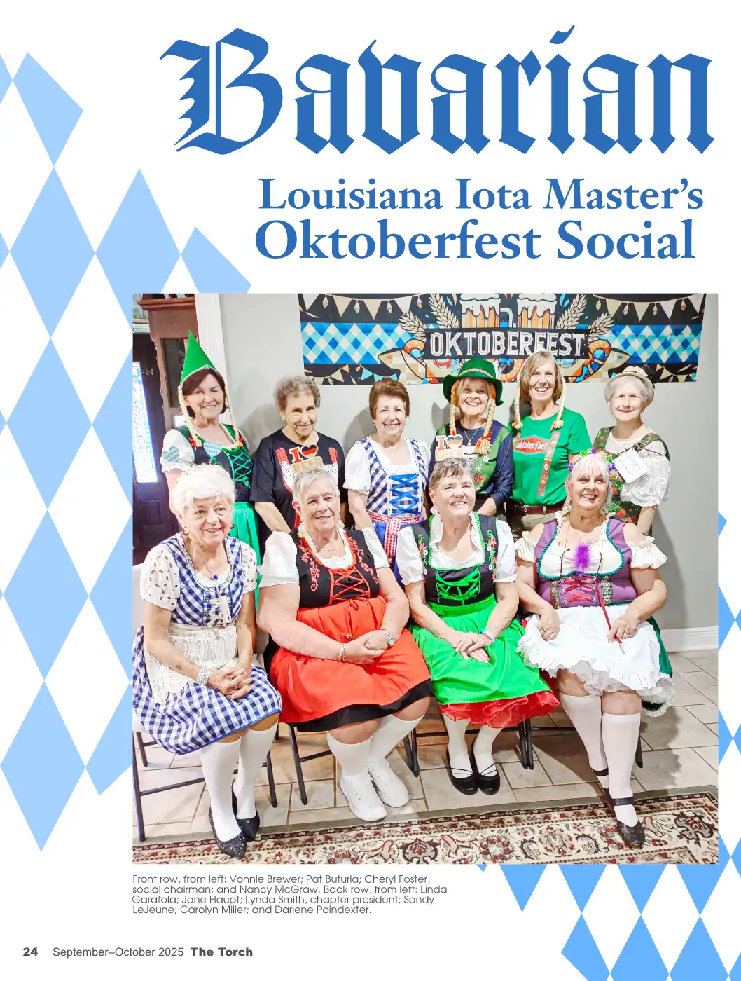 Editorial layout for a women’s organization magazine featuring a photo story on a costume-themed Oktoberfest event.