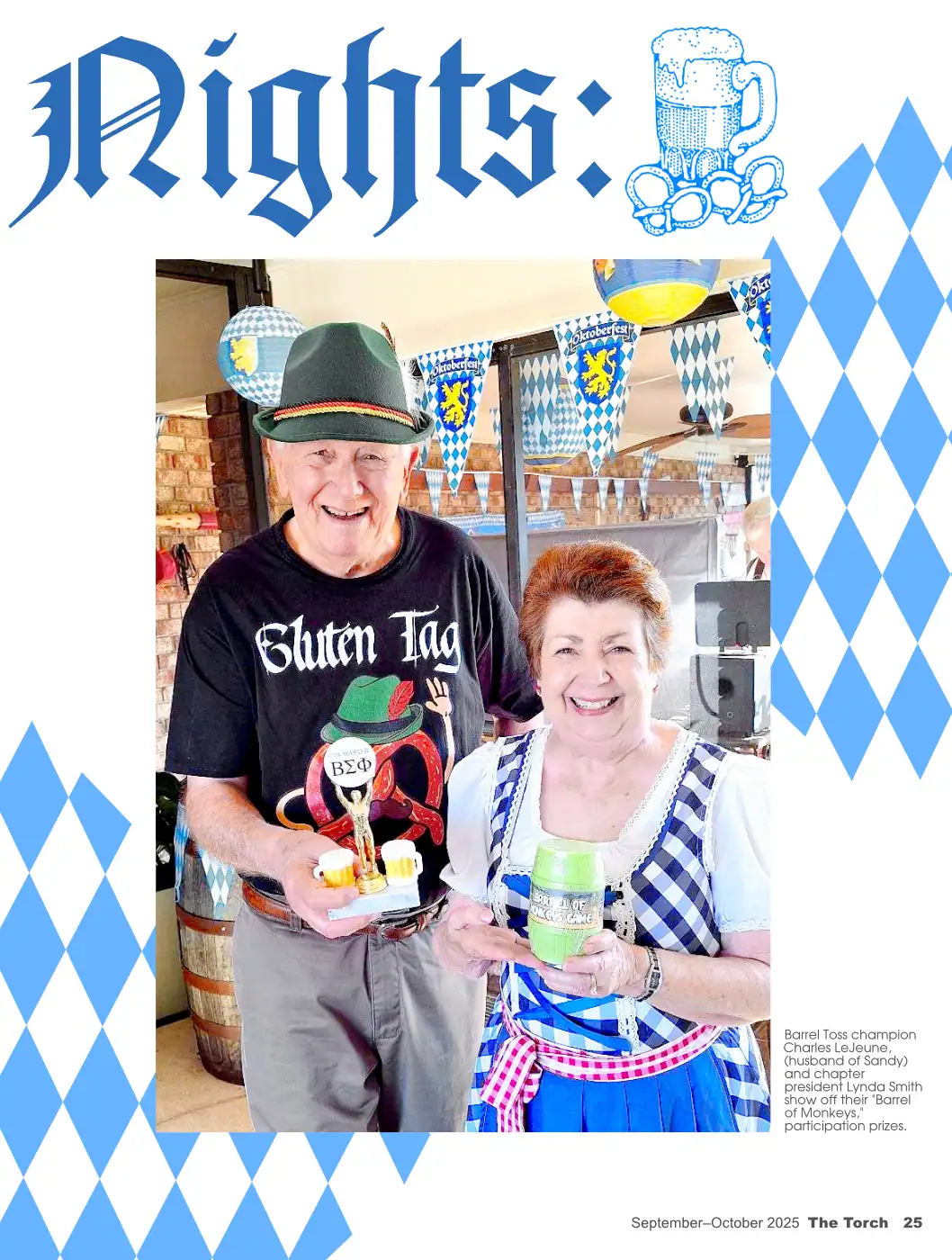 Editorial layout for a women’s organization magazine featuring a photo story on a costume-themed Oktoberfest event.	