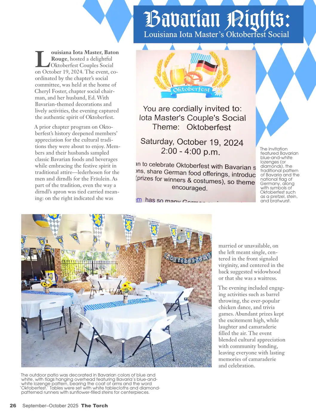 Editorial layout for a women’s organization magazine featuring a photo story on a costume-themed Oktoberfest event.	