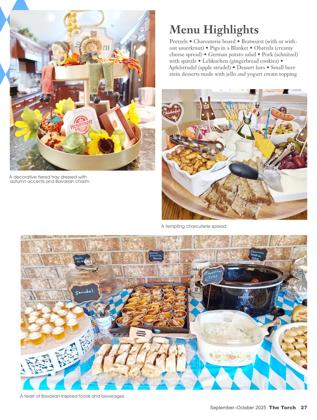 Editorial layout for a women’s organization magazine featuring a photo story on a costume-themed Oktoberfest event.	