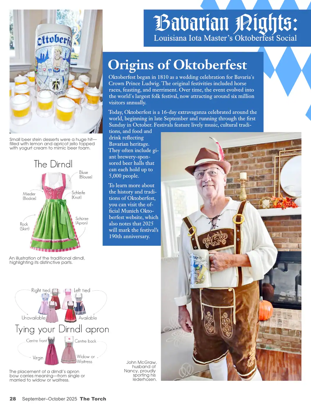 Editorial layout for a women’s organization magazine featuring a photo story on a costume-themed Oktoberfest event.	