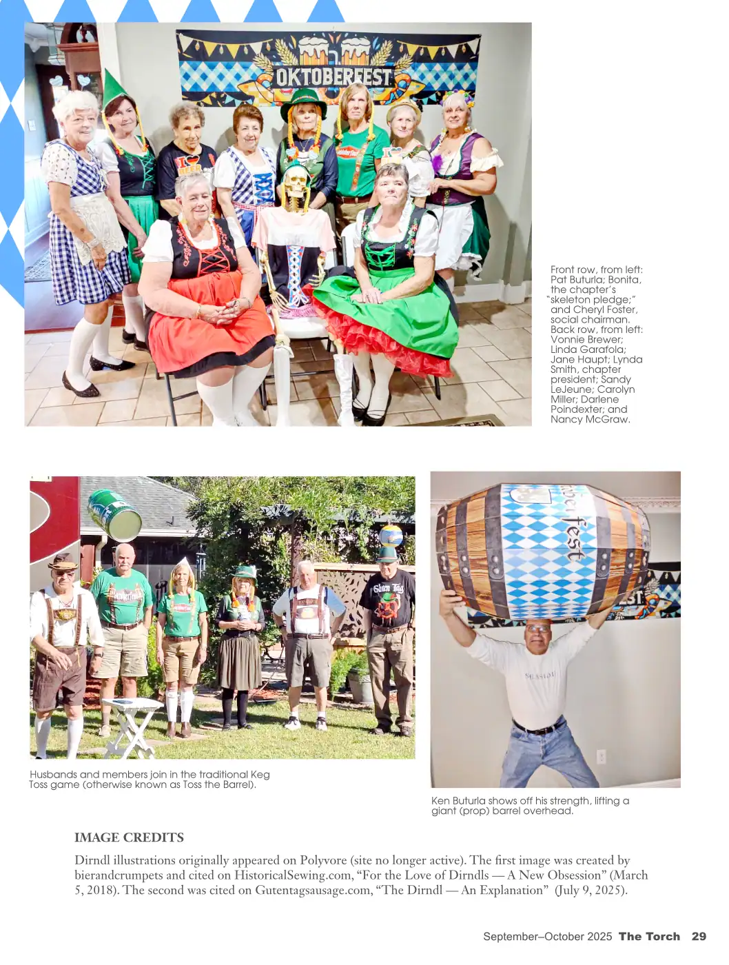 Editorial layout for a women’s organization magazine featuring a photo story on a costume-themed Oktoberfest event.