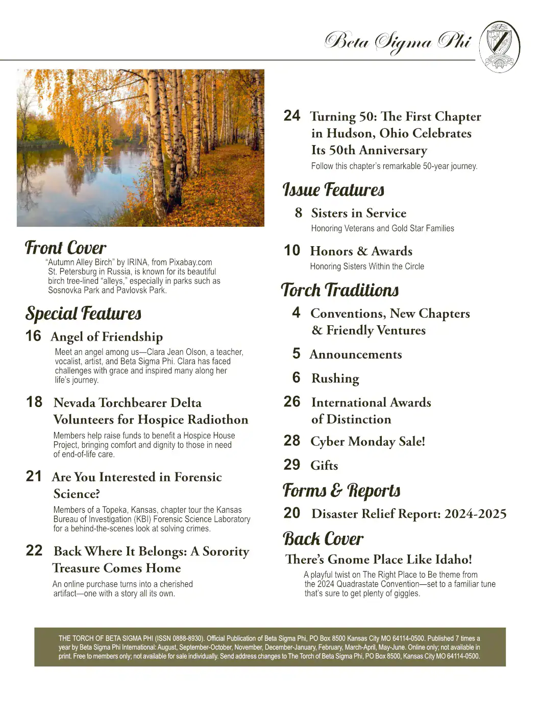 Table of Contents page design for a women's organization publication.