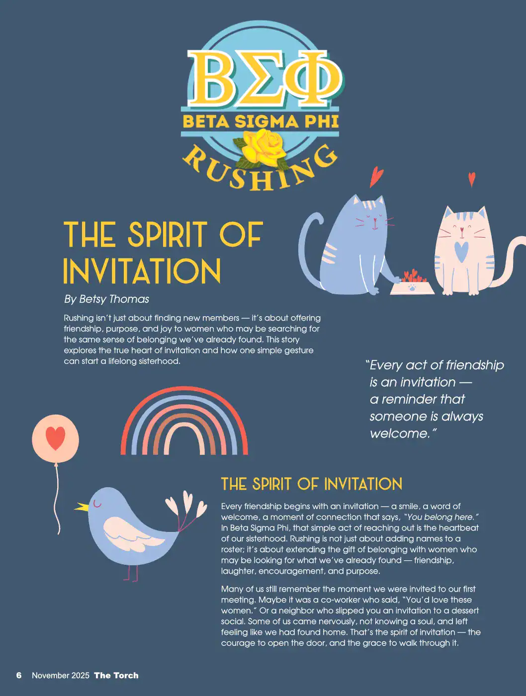 Editorial layout showcasing a sorority rushing feature for a women's organization publication.