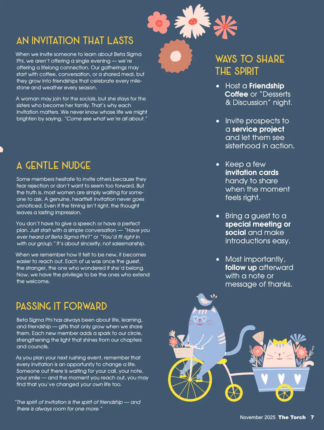 Editorial layout showcasing a sorority rushing feature for a women's organization publication.