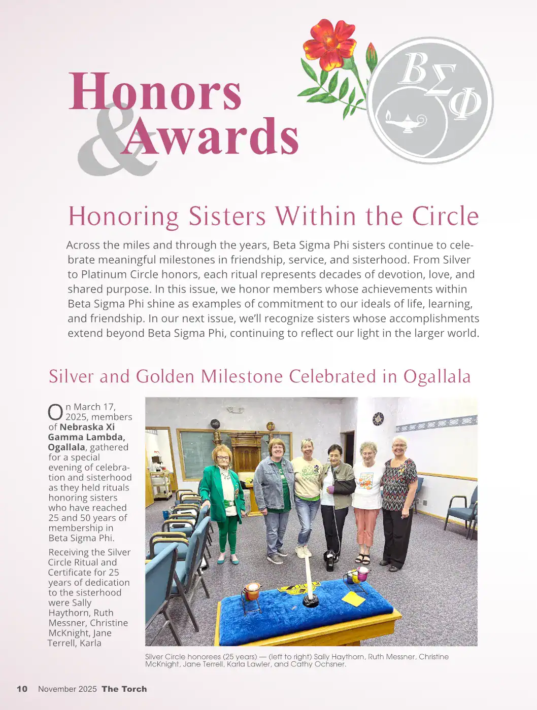 Editorial awards spread titled “Honoring Sisters within the Circle,” designed for a women’s organization publication.