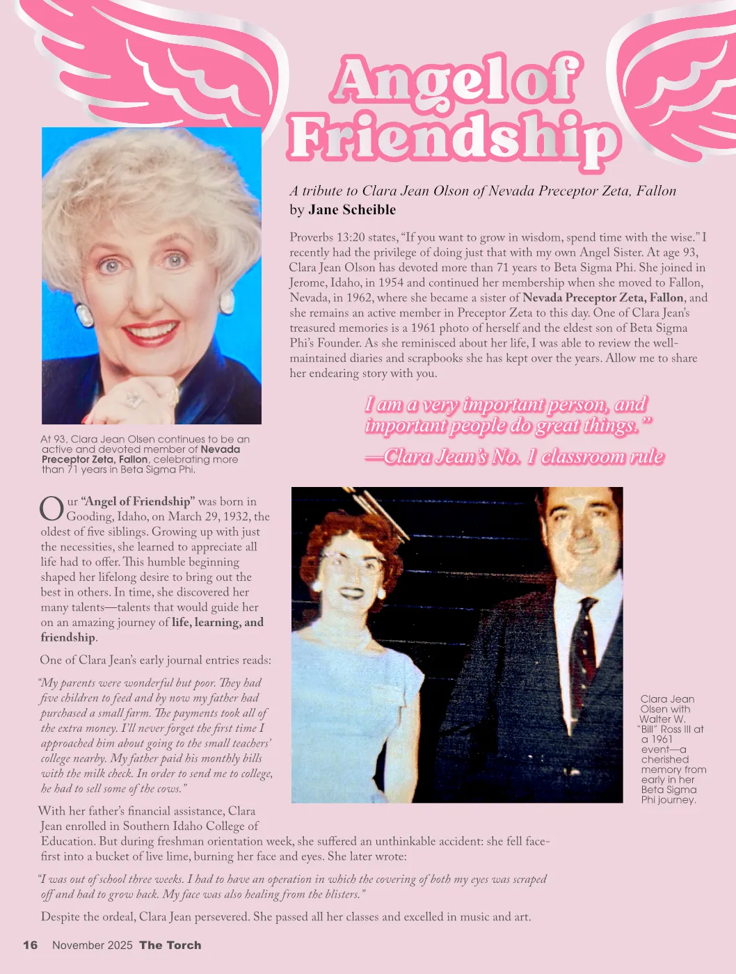 Editorial layout for a feature story titled “Angel of Friendship,” designed for a women’s organization publication.