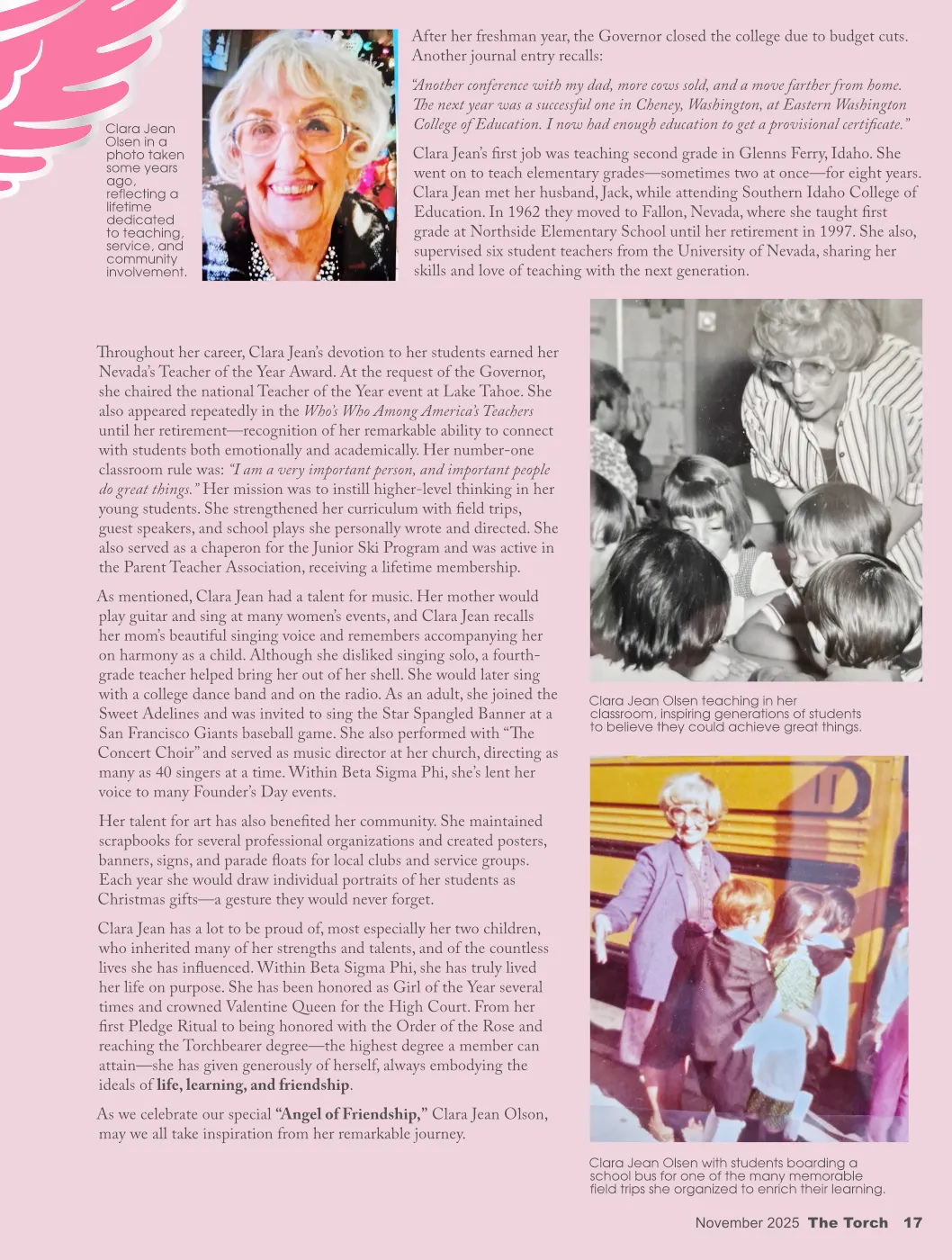 Editorial layout for a feature story titled “Angel of Friendship,” designed for a women’s organization publication.
